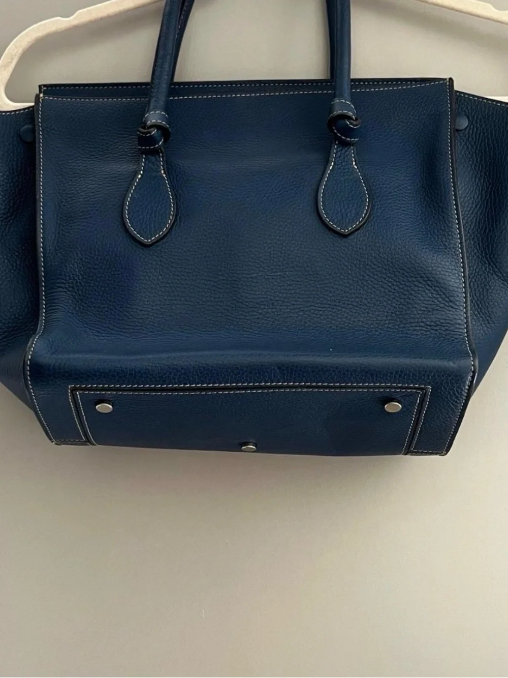Navy Leather Tote Bag with Contrast Stitching - Women's Handbag